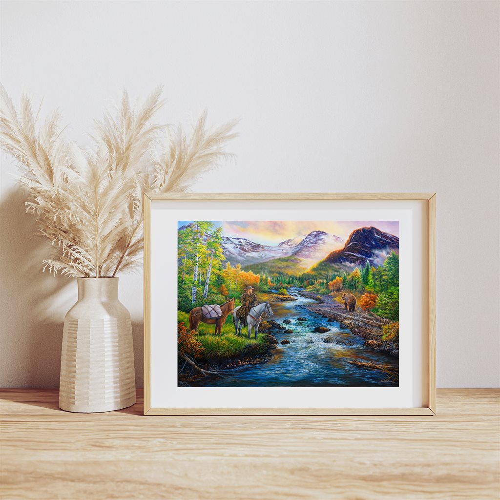 Bear Hunting Giclée Paper Art Print, Horseback and Pack Mule "American Heritage" in wood frame by Jeanne Warren