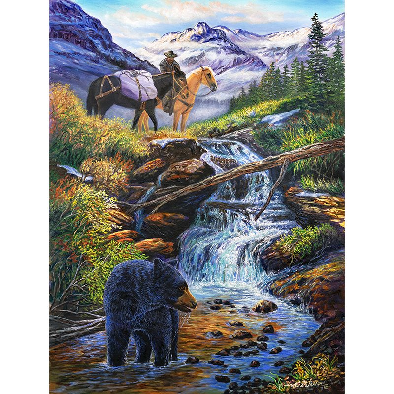 "Bear Creek" - Hunter on Horseback and Pack Mule Art Print