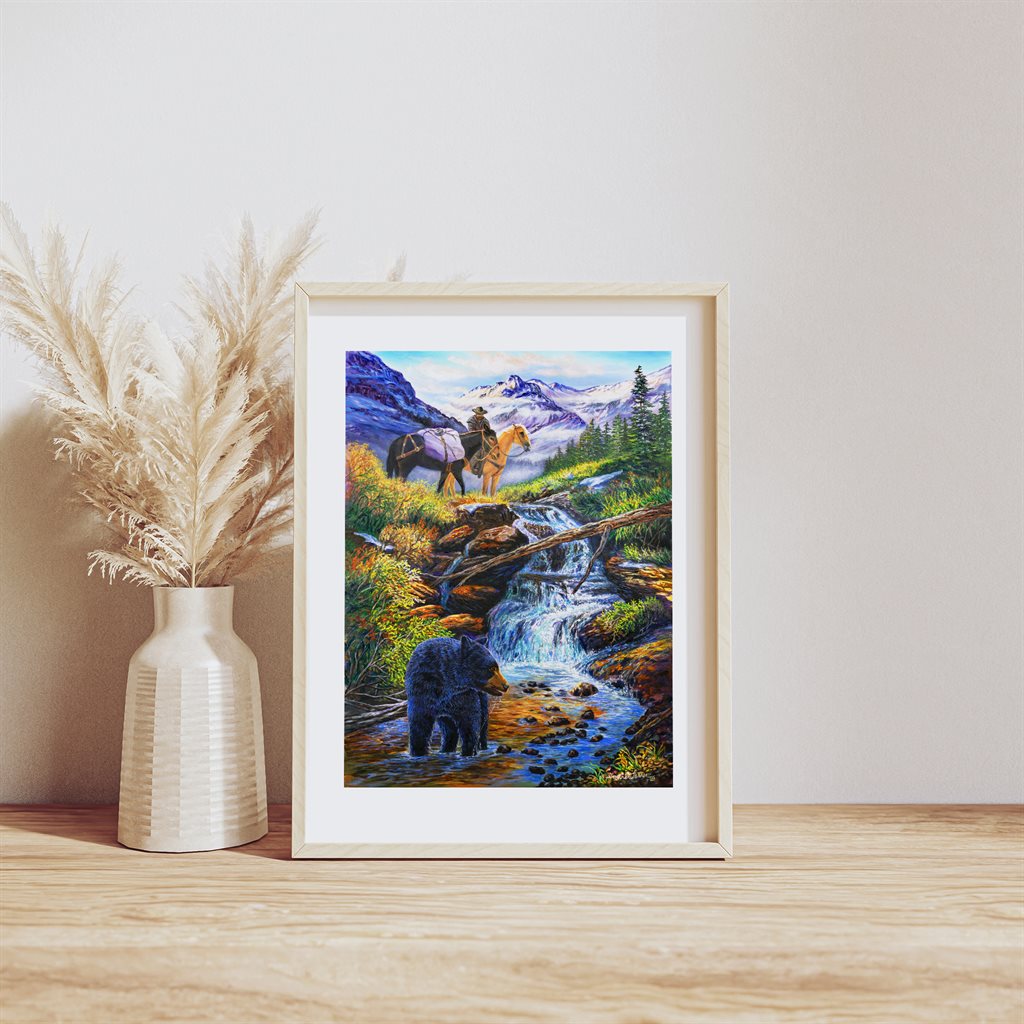 "Bear Creek" Art Print: Hunter on Horseback and Pack Mule