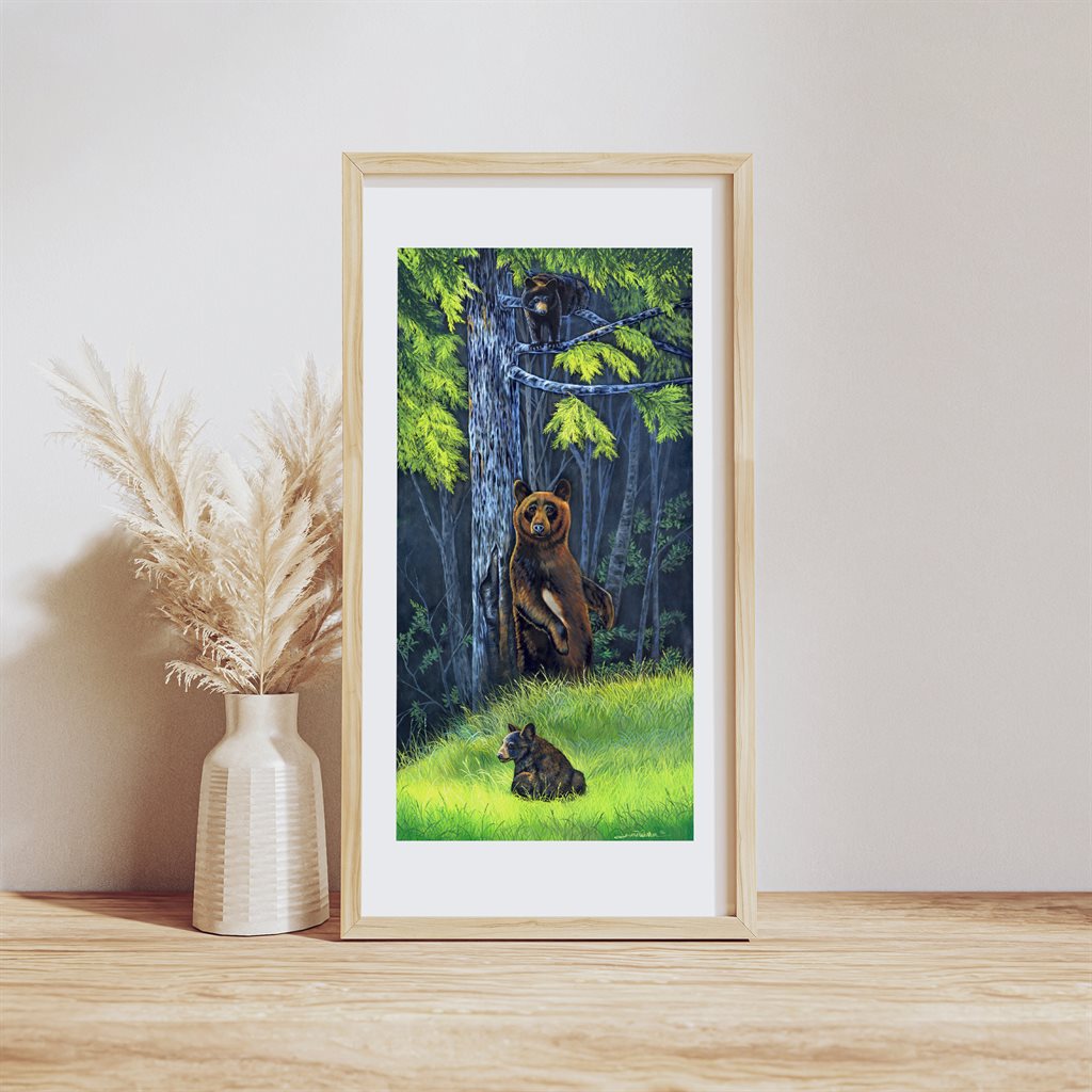 Black Bears - Back Scratch and Cubs Climbing Art Print: Framed wildlife illustration showing mother black bear scratching against tree trunk while one cub climbs high in branches and another rests in green grass below, set against dark forest backdrop with sunlit meadow