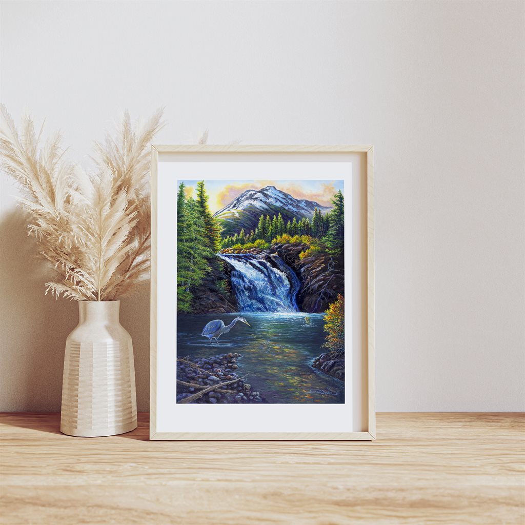 Blue heron in Glacier National Park - Giclée paper Art print - original painting by artist Jeanne Warren