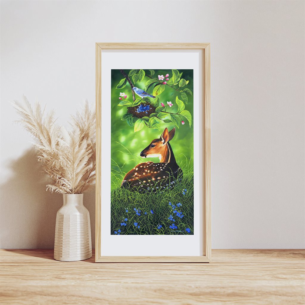 "Blue Morning" - Baby Deer and Blue Bird Art Print