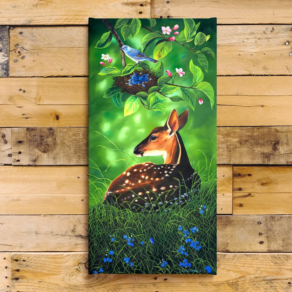 "Blue Morning" - Baby Deer and Blue Bird Art Print