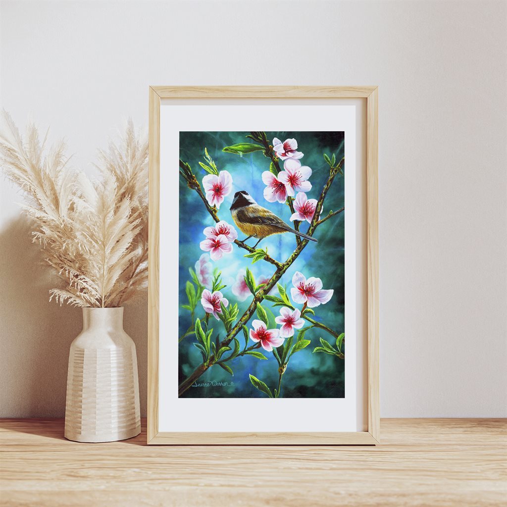 A Giclée paper art print of a black capped chickadee perched among cherry blossoms in rich teals, by Jeanne Warren