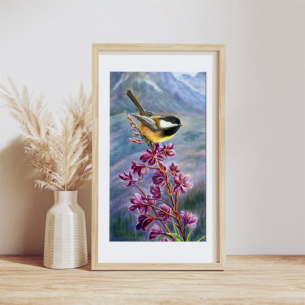 Chickadee & Fireweed Flowers Art Print | by Jeanne Warren