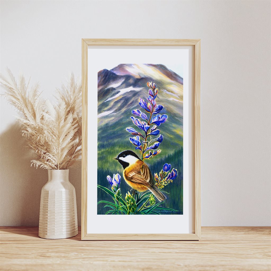 Black-capped Chickadee and Lupine Flowers Art Print | by Jeanne Warren