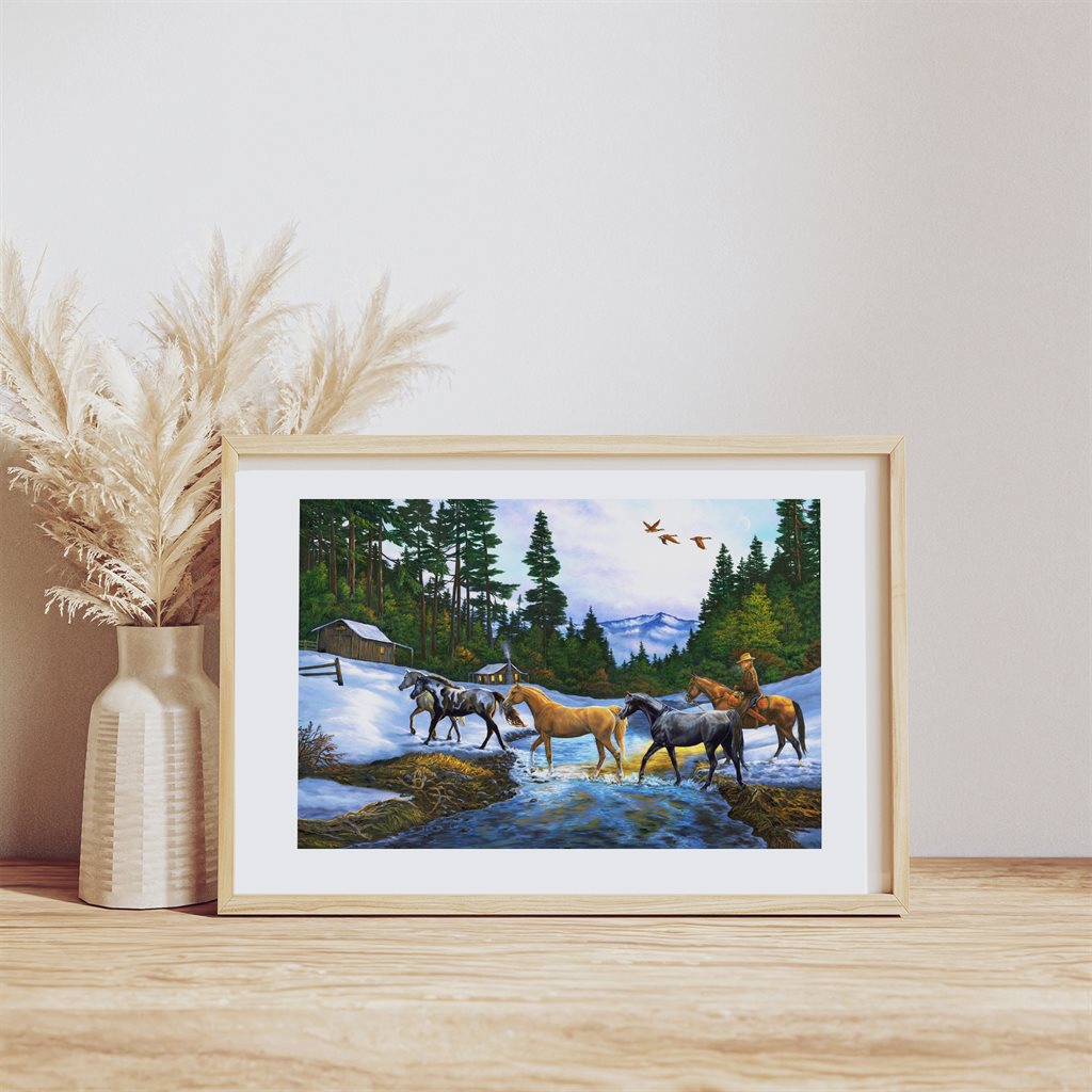 Horses and Snow Cabin Art Print - "Coming Home"