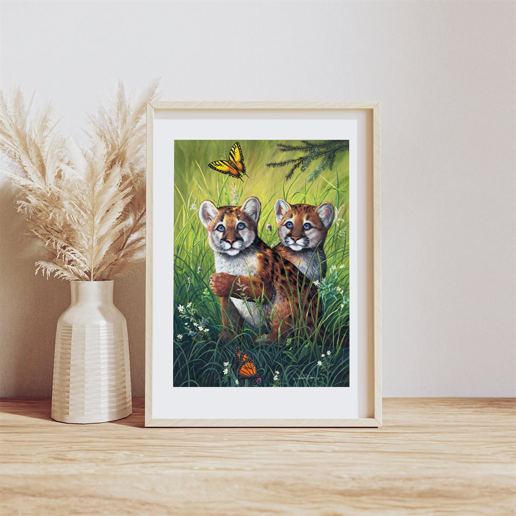 Cougar Mountain Lion Cubs in Spring Giclée Paper Art Print by Jeanne Warren