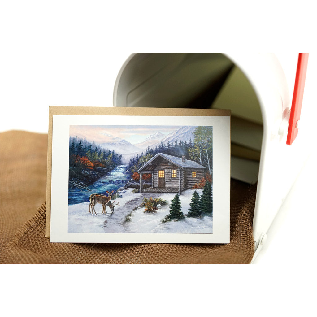 "Cozy Cabin" - Winter Log Cabin, Deer and River Art Card