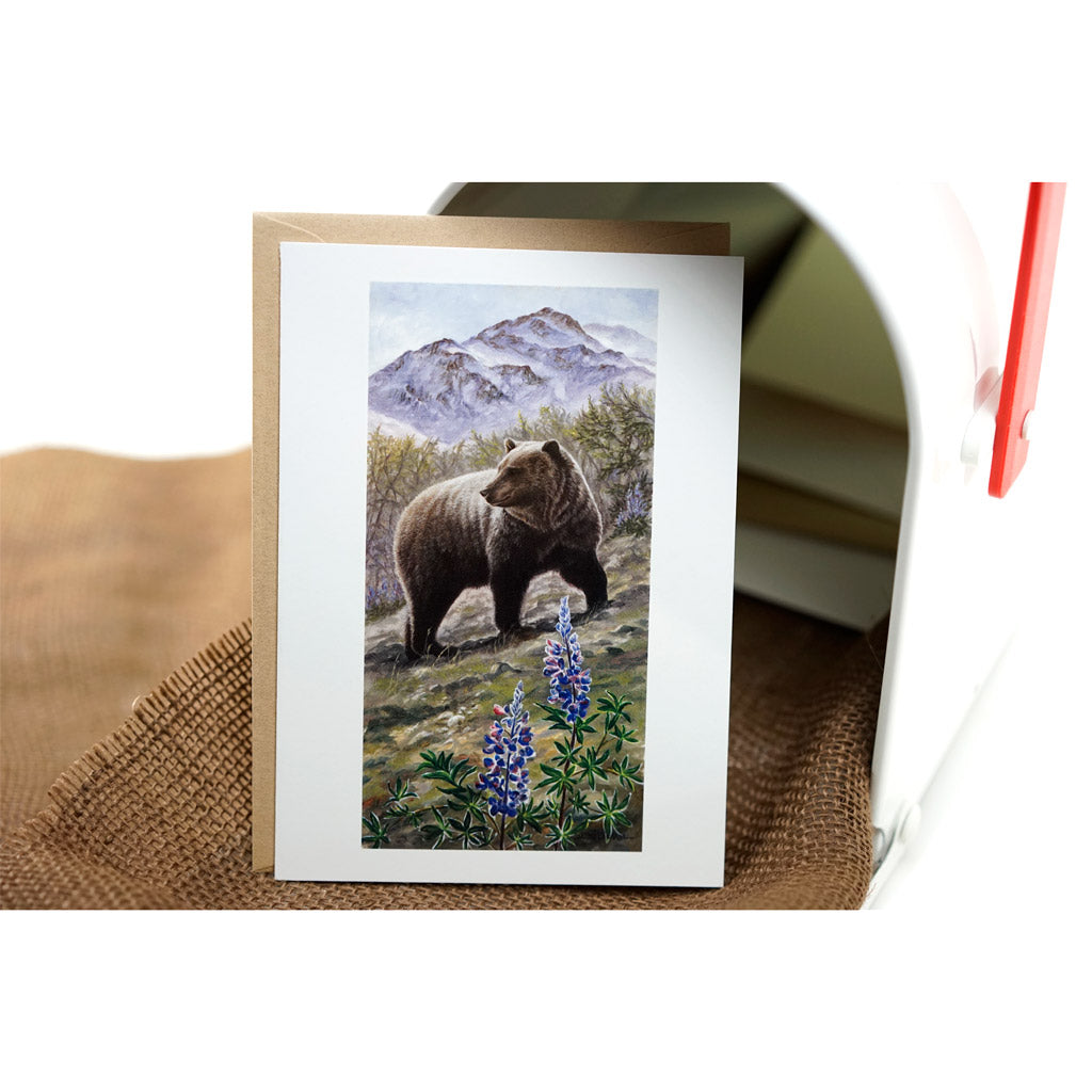 "Grizzly & Lupine" - Grizzly Bear and Purple Flowers Art Card