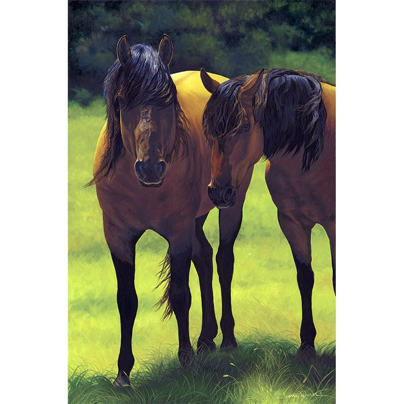 Kiger Mustang Mare and Stallion Art Print - Horses in standing in green pasture - Original Oil Painting by Jeanne Warren