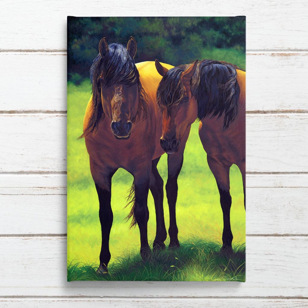 Kiger Mustang Mare and Stallion in green pasture - Canvas Print on White Shiplap by Jeanne Warren