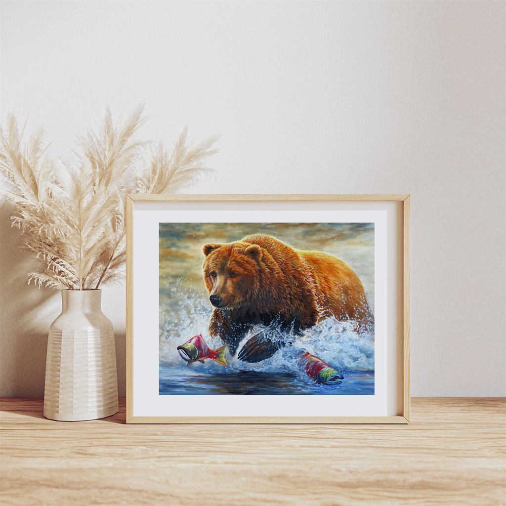 Alaskan Grizzly Bear chasing Salmon, Giclée Art Print in example wood frame - "Fast Food" by Jeanne Warren