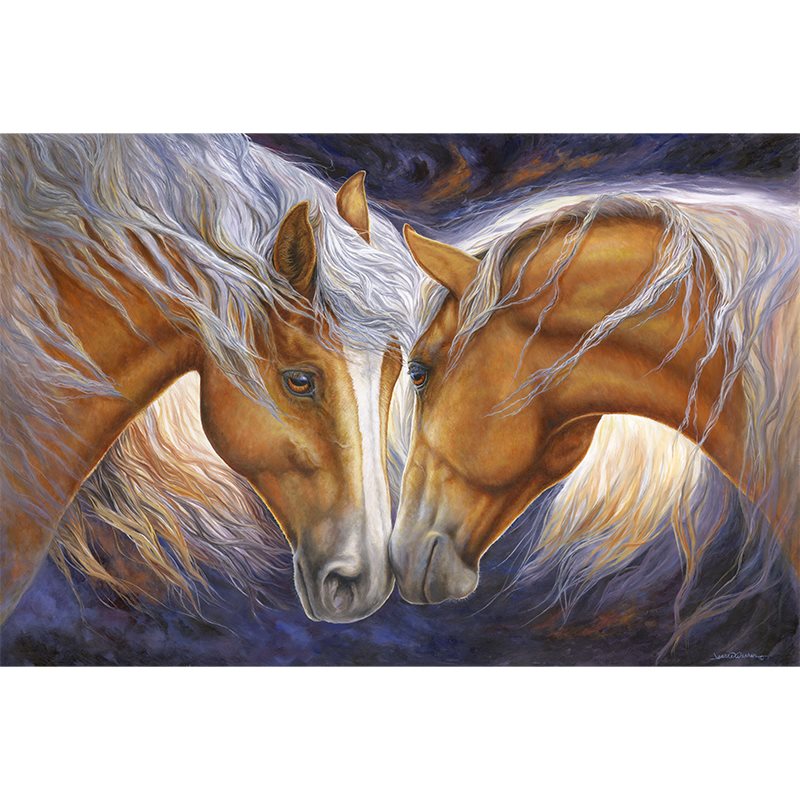 Two palomino horses nuzzling noses against a purple backdrop - by Wildlife Artist Jeanne Warren