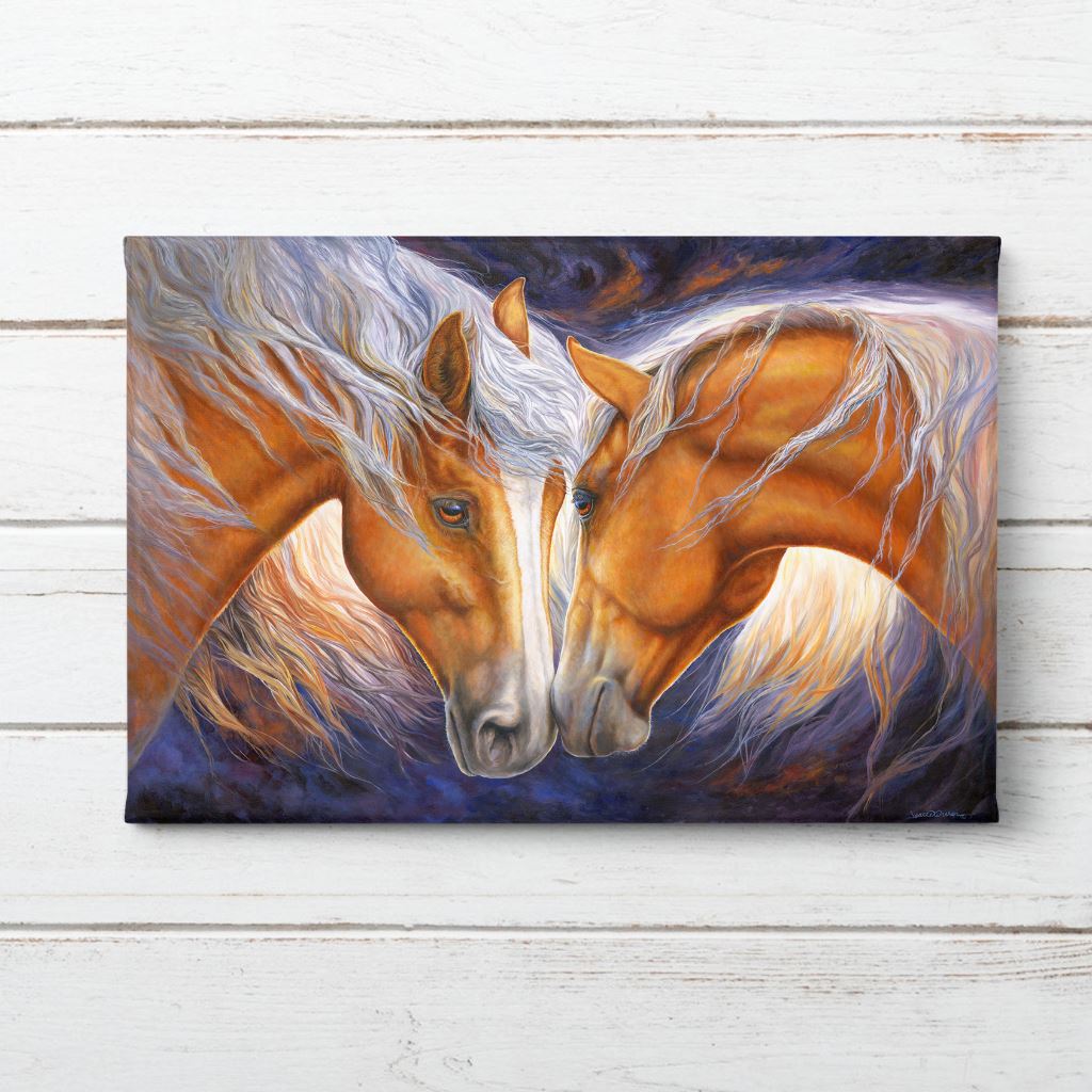 Two nuzzling Palomino Horses Canvas Print over white shiplap - by Wildlife Artist Jeanne Warren