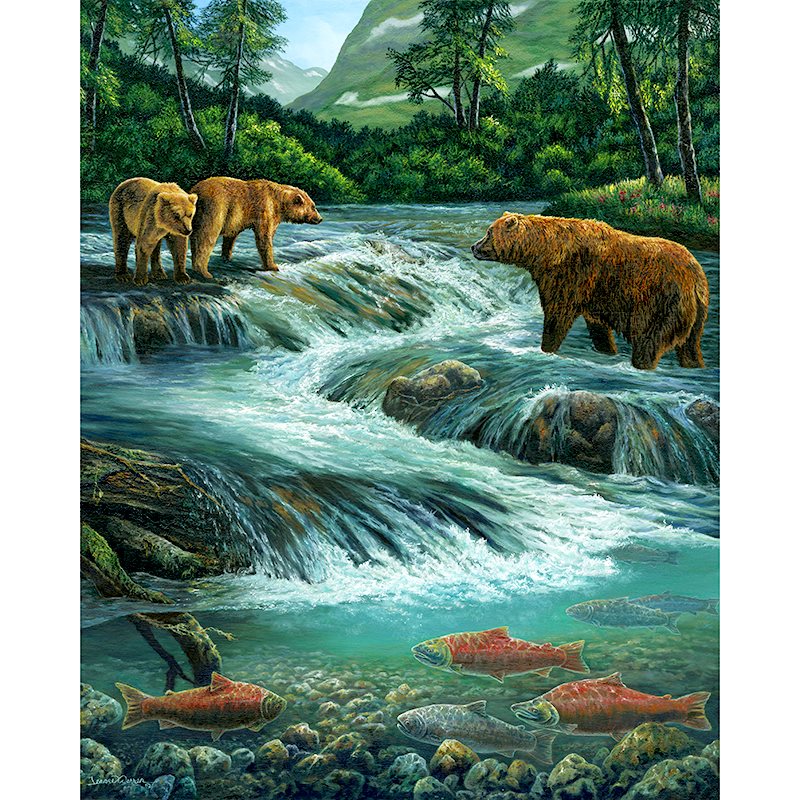 "Flowing Abundance" - Grizzly Bears and Salmon Art Print