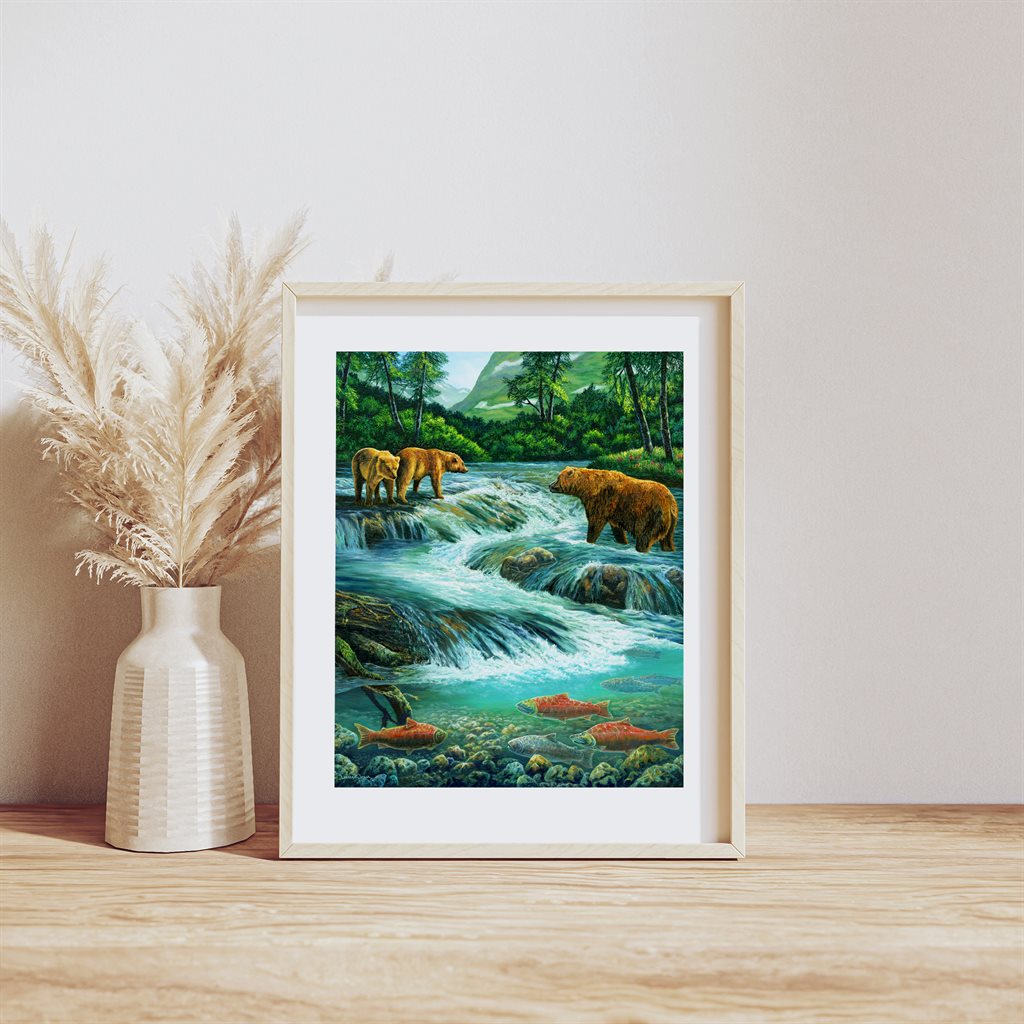 Three Alaskan grizzly bears fishing for salmon Giclée Paper Print in Wood Frame - by Wildlife Artist Jeanne Warren