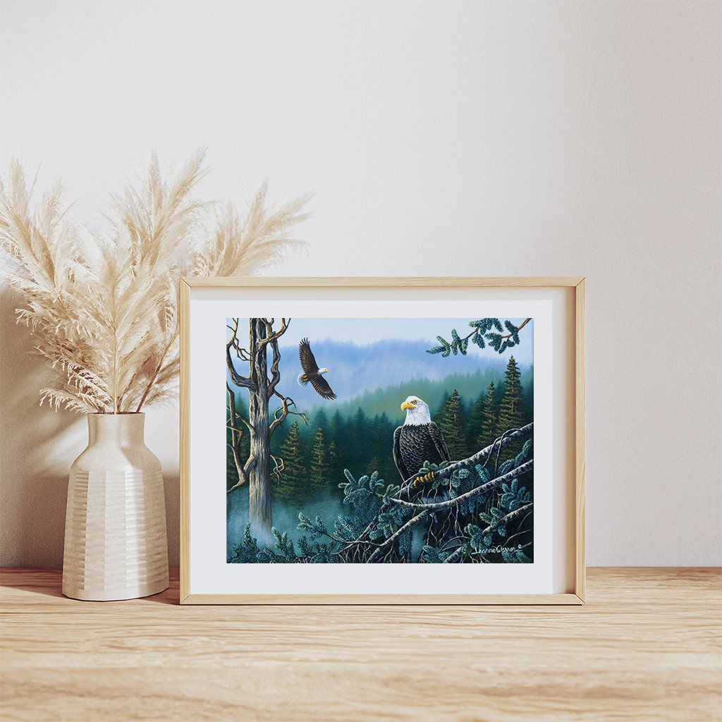 American Bald Eagle in Pacific Northwest forest Giclée Paper Art Print in example wood frame - "Freedom" by Wildlife Artist Jeanne Warren