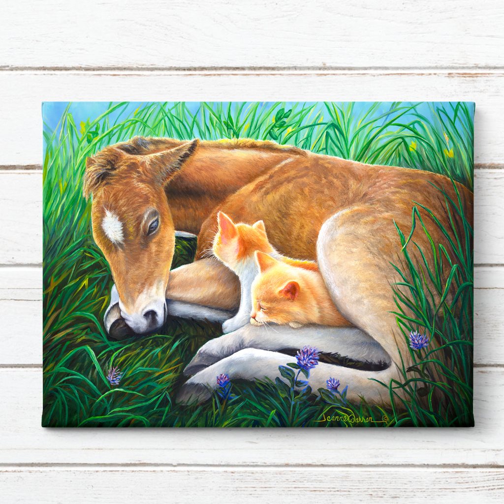 "Fuzz Nuzzlers" - Baby Filly Horse and Orange Kittens Art Print