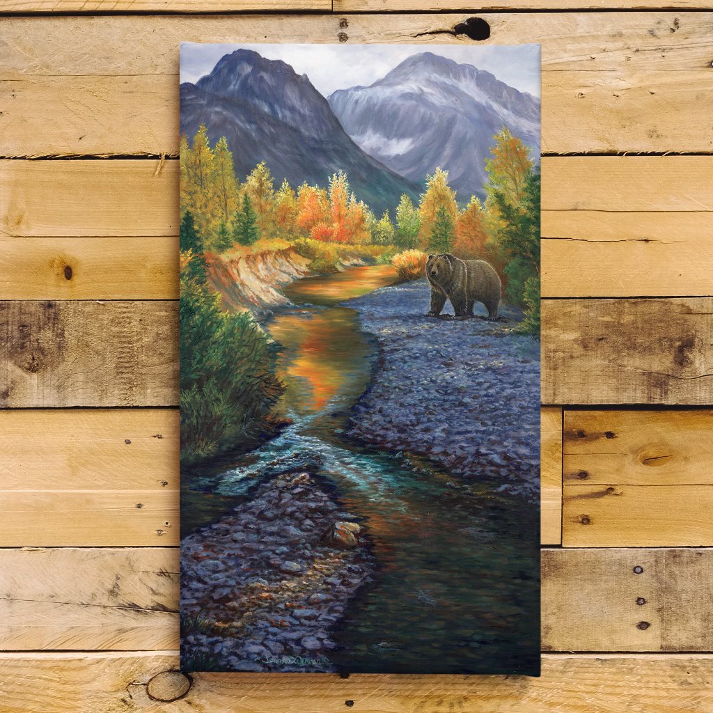 Grizzly Mountain canvas print on wood shiplap by Jeanne Warren