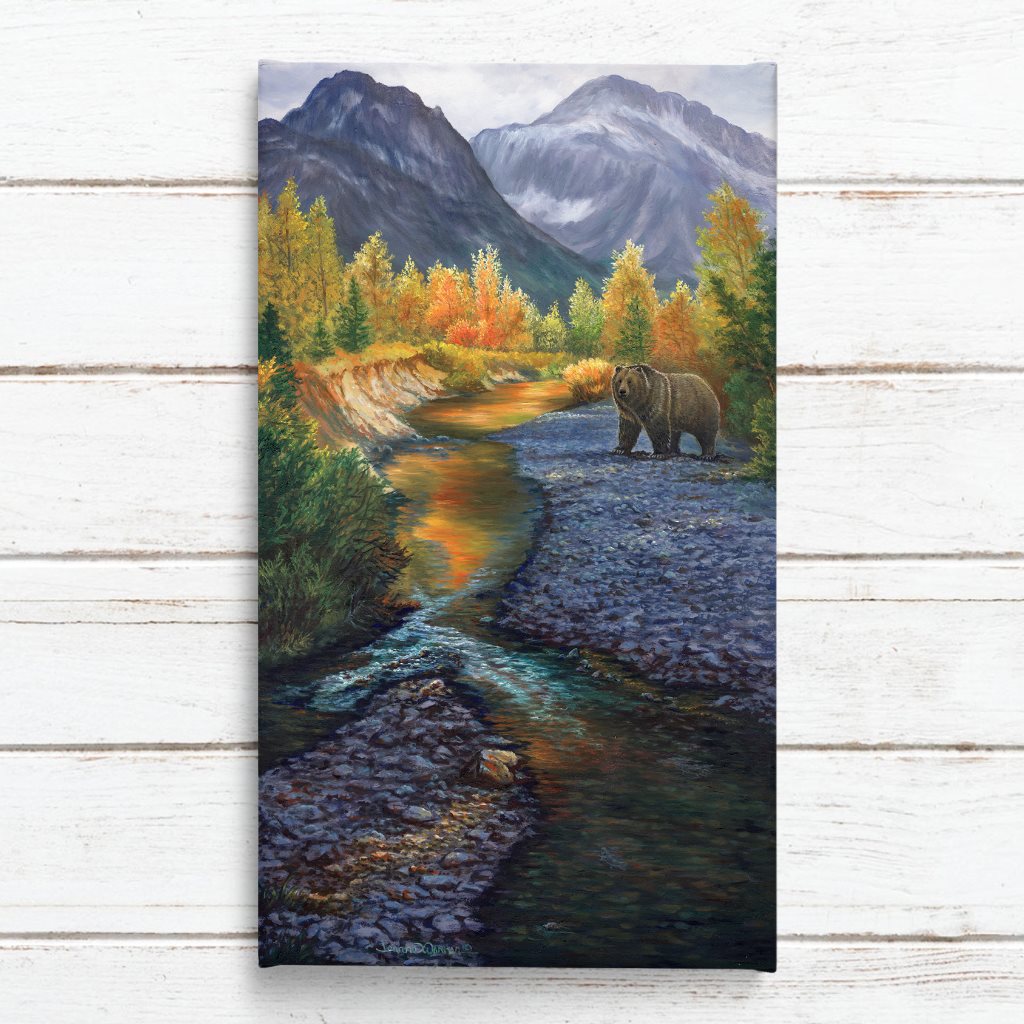 Grizzly Mountain canvas print on white shiplap by Jeanne Warren