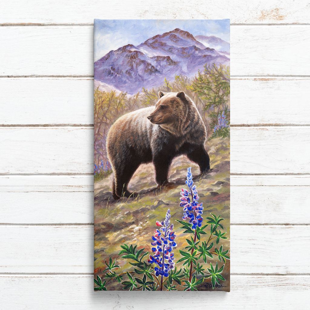 "Grizzly & Lupine" - Grizzly Bear and Purple Flowers Art Print