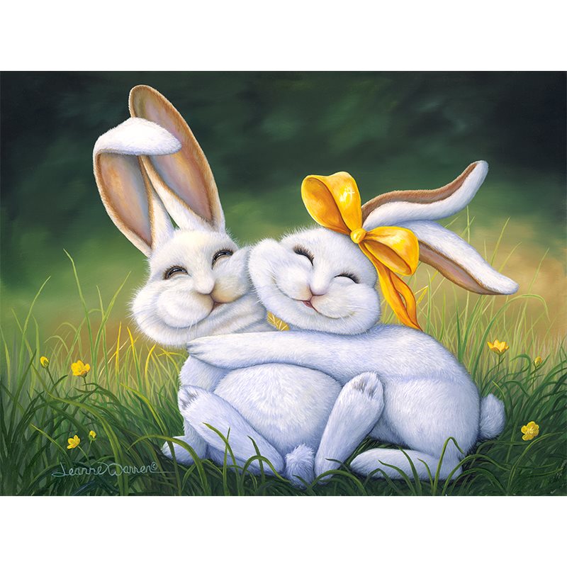 A pair of smiling white buck and doe bunnies, snuggling up for Easter in yellow ribbon and bright yellow flowered grass. By artist Jeanne Warren