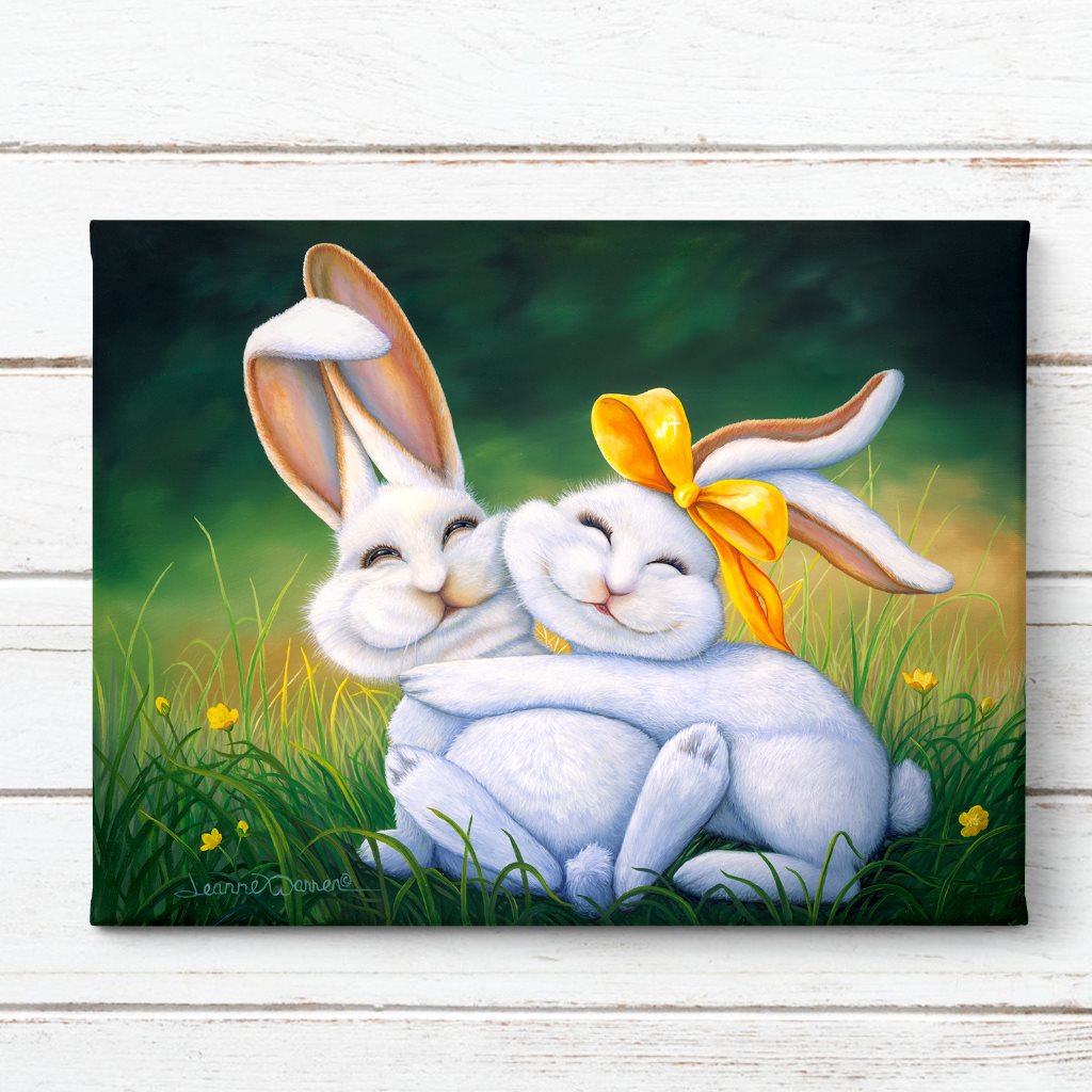 Happy Bunnies giclée canvas print on white shiplap by artist Jeanne Warren