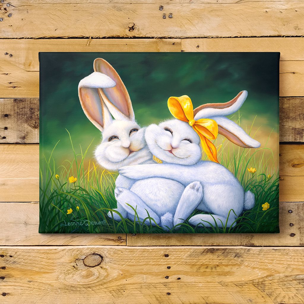 Happy Bunnies giclée canvas print on wood shiplap by artist Jeanne Warren