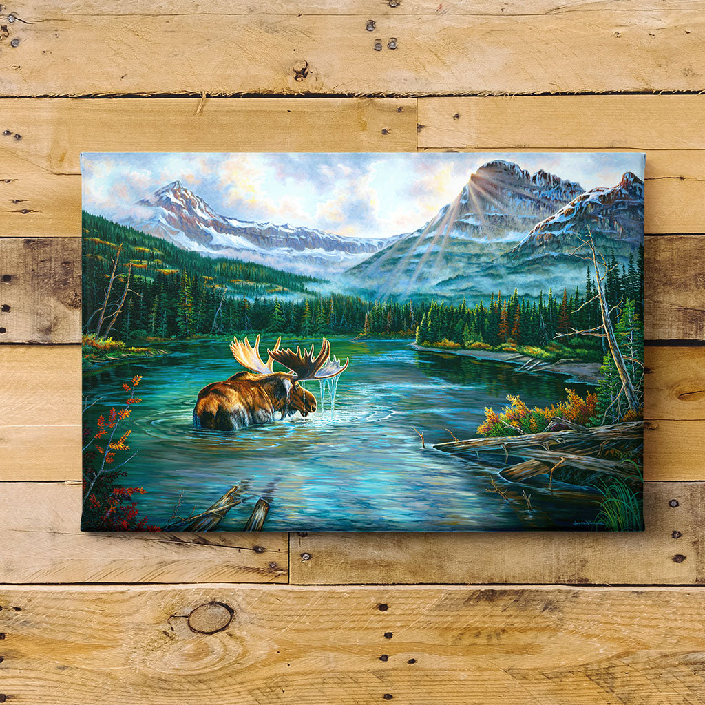 Heavy Shield Warrior Moose painting canvas print on wood shiplap. By artist Jeanne Warren