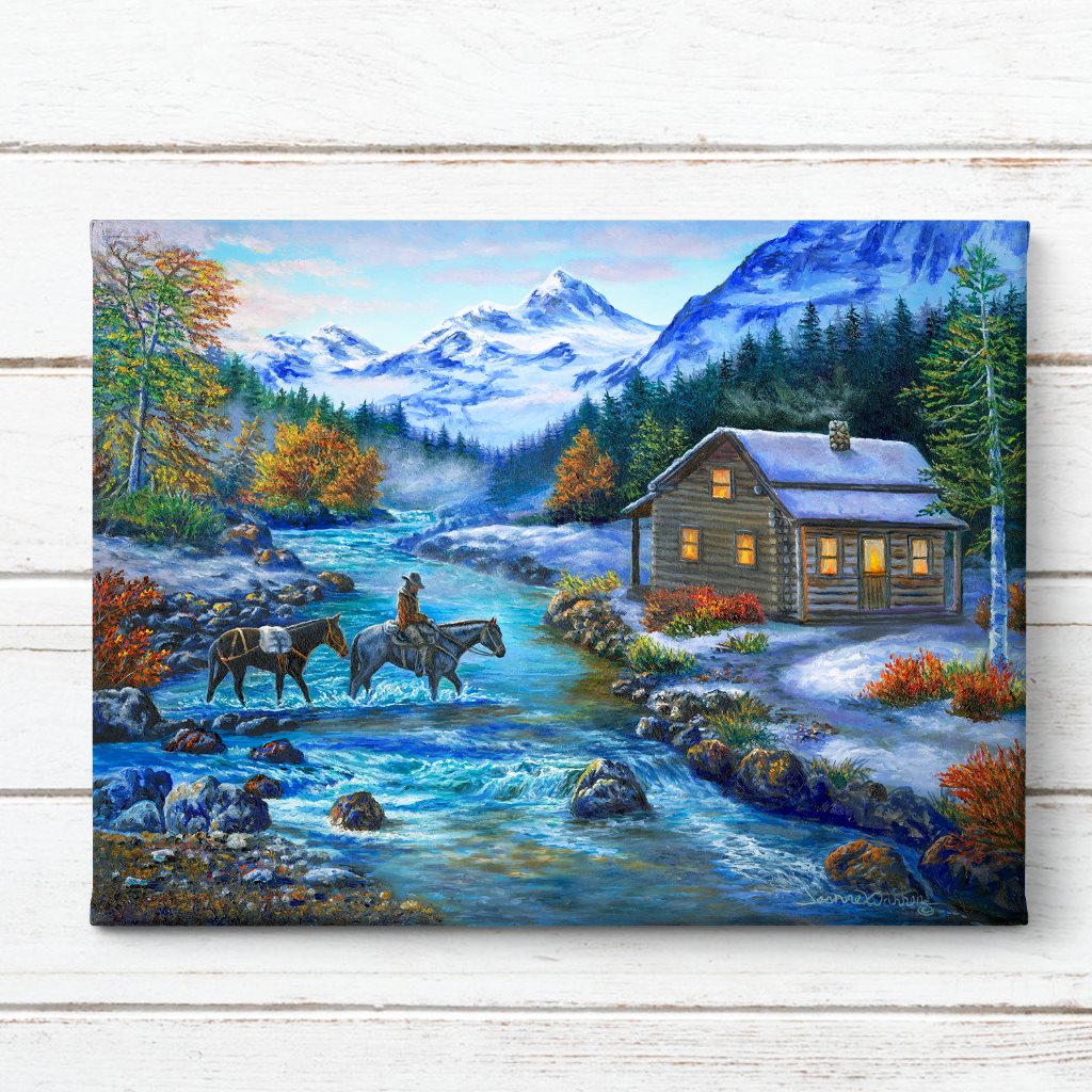 "Home for Supper" Canvas Art Print on white shiplap - Homesteading, cozy log cabin winter scene with horse and pack mule by artist Jeanne Warren