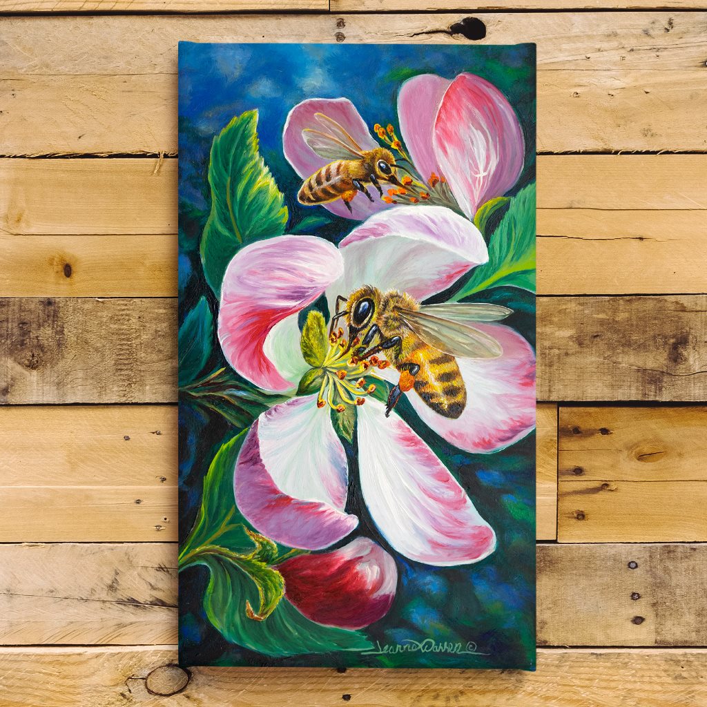Honey Bee Blossoms canvas art print on wood shiplap, by artist Jeanne Warren