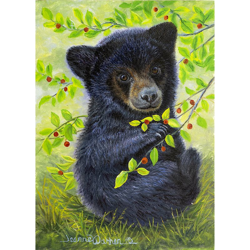Huckleberry Bear - Black bear cub sitting in grass holding huckleberry branch with red berries against bright green background - by artist Jeanne Warren
