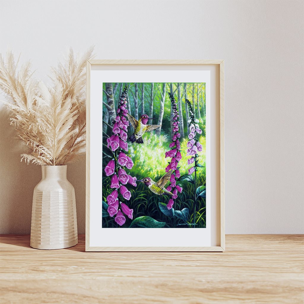 Anna's Hummingbird & Foxglove Flowers Art Print - "Hummers & Foxgloves"
