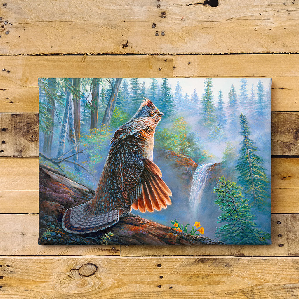 Ruffed Grouse and Woodland Waterfall Art Print - "Little Drummer Grouse"