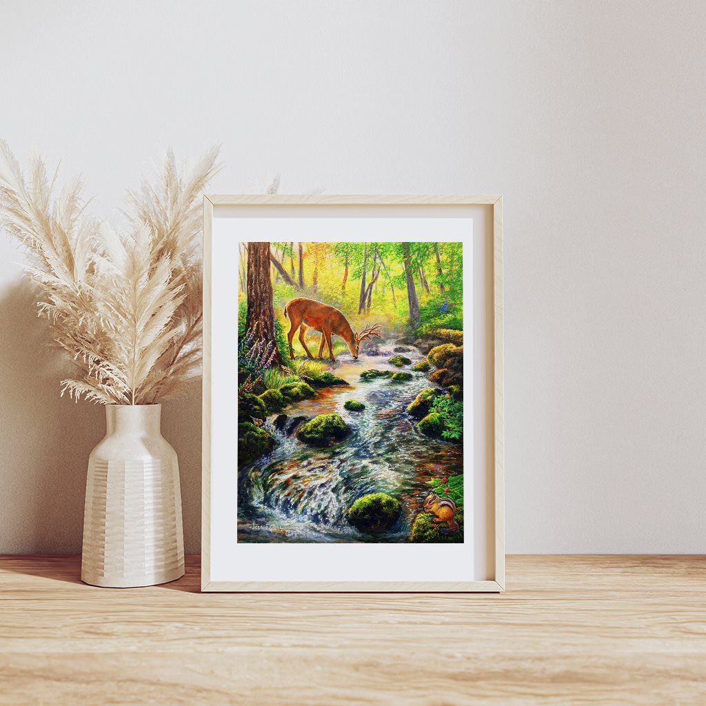Oregon Creek and Black-tailed Buck Art Print - "Mossy Creek"