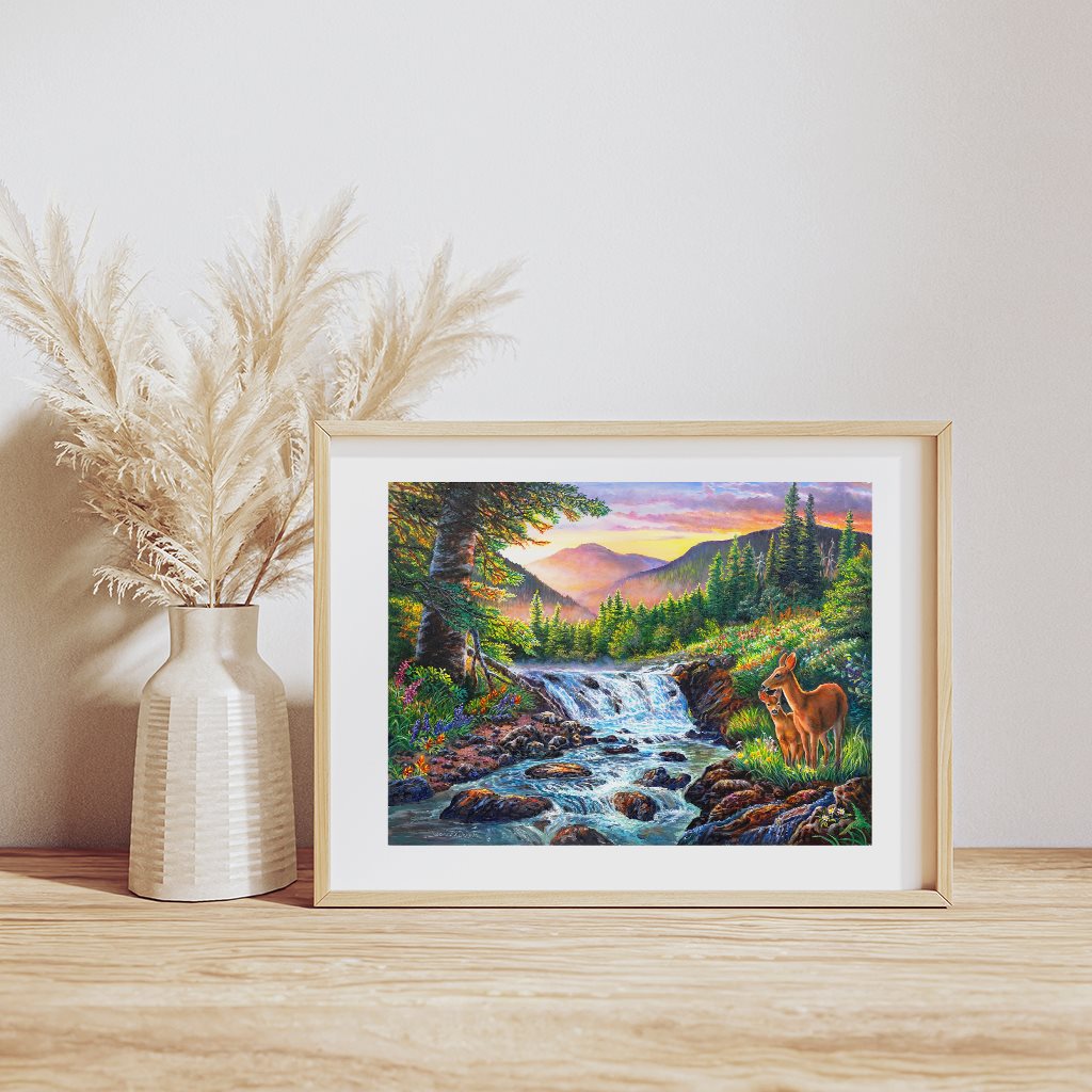 New Life - Deer & Fawn in Sunrise Forest Landscape Art Print