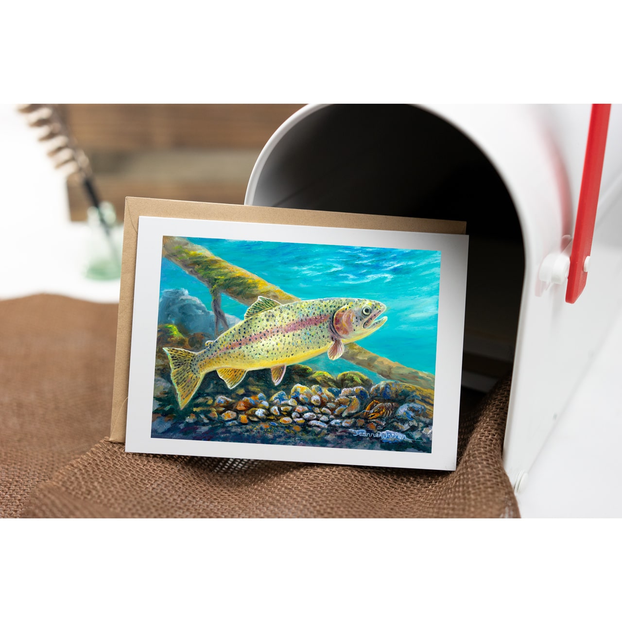 Rainbow Trout and Crawdad Art Greeting Card - "Something Fishy"