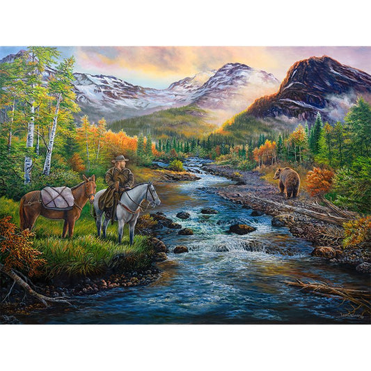 Grizzly Bear and Cowboy Oil Painting – "American Heritage" - 18x24 Western Wall Art