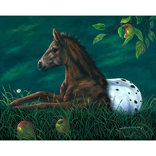 Apple Loosa art print shows spotted colt resting under apple tree with green sky, fallen fruit and hidden caterpillar