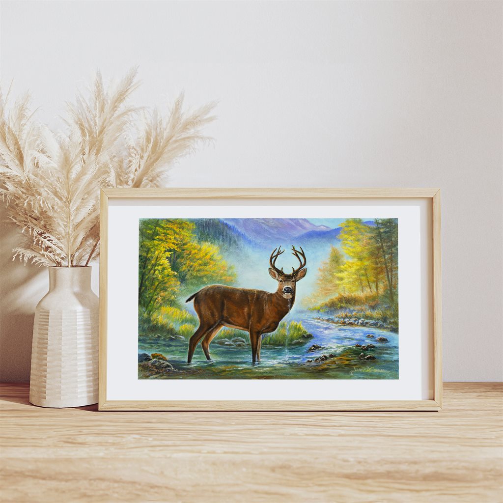 Black Tail Deer "Awakening" fine art giclée paper print in wood frame by Jeanne Warren