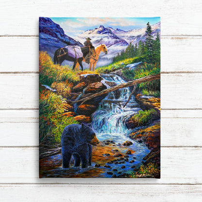 "Bear Creek" - Hunter on Horseback and Pack Mule Art Print