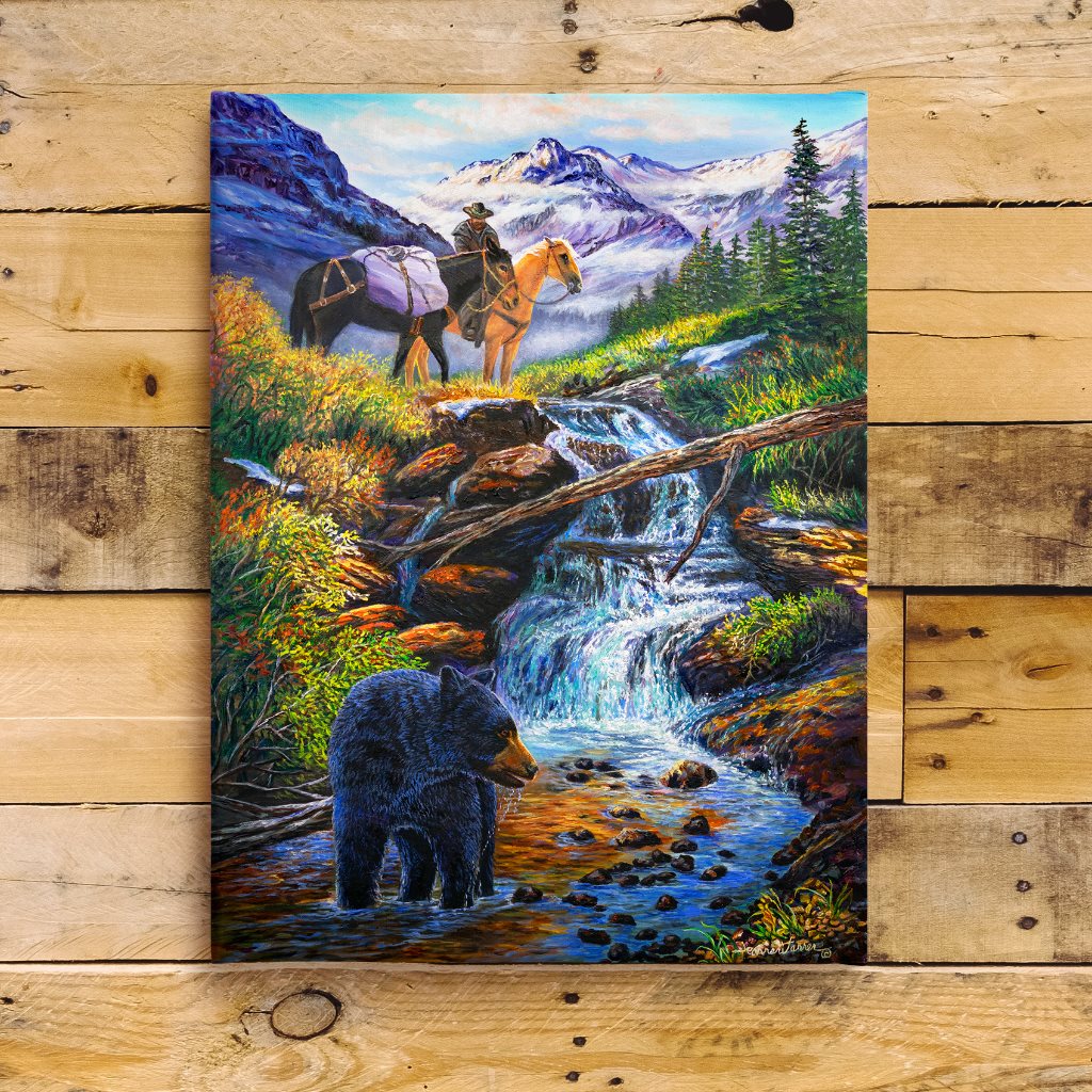 "Bear Creek" - Hunter on Horseback and Pack Mule Art Print