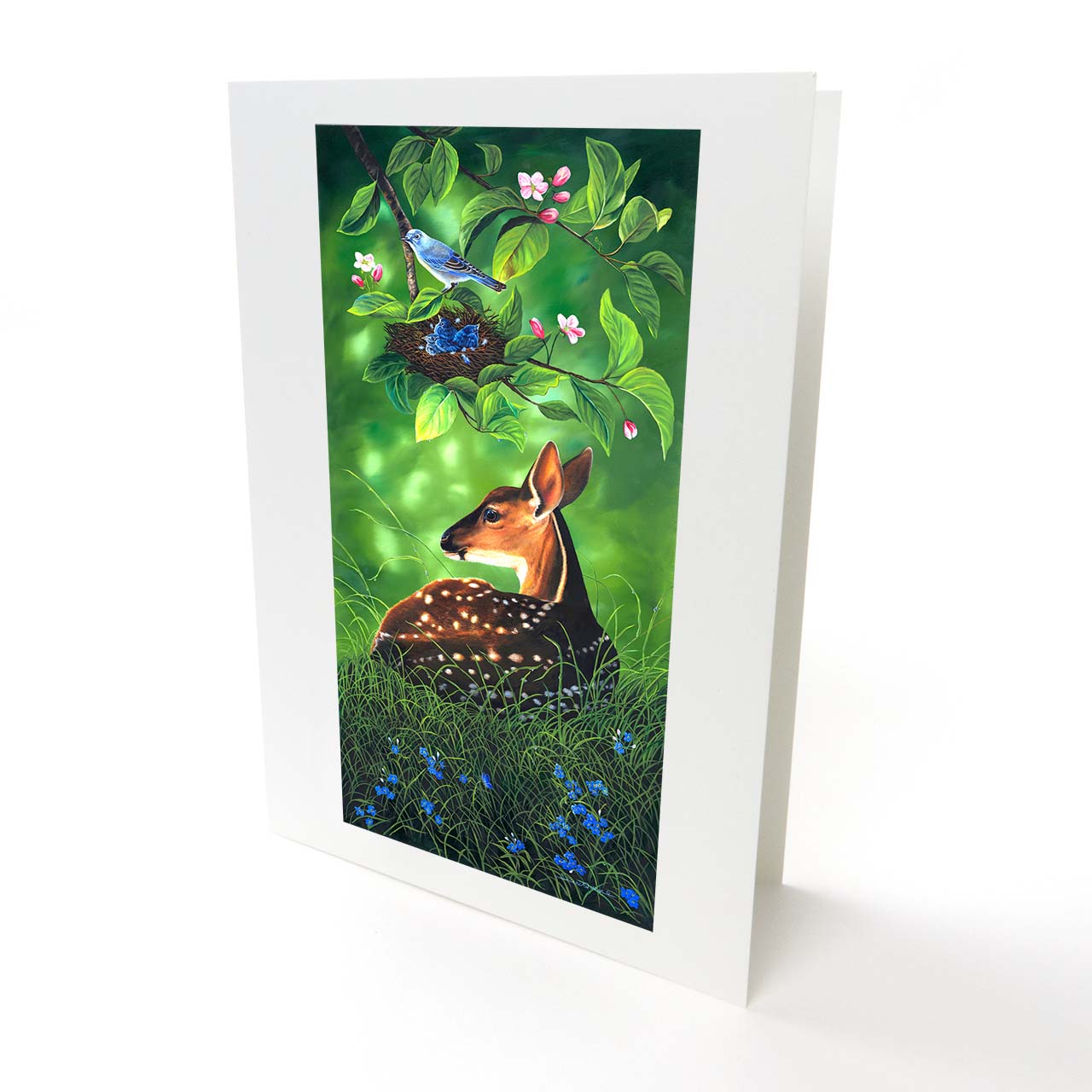 Baby Deer, Blue Bird, and Apple Blossoms Art Card - "Blue Morning"