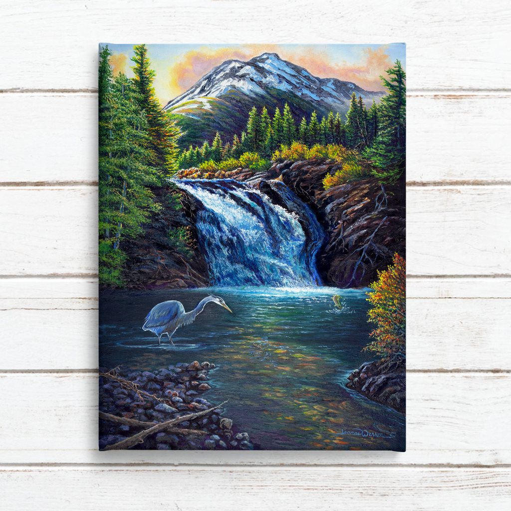 Blue heron in Glacier National Park - Giclée canvas Art print over white shiplap - original painting by artist Jeanne Warren