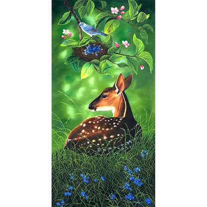"Blue Morning" - Baby Deer and Blue Bird Art Print