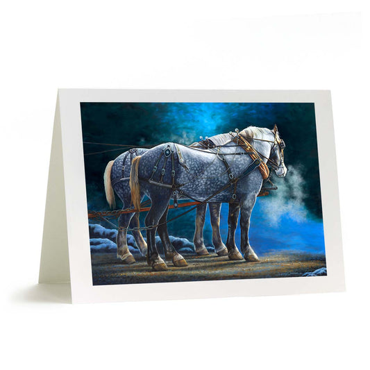 "Break Time" - Winter Draft Horses Percheron Art Card