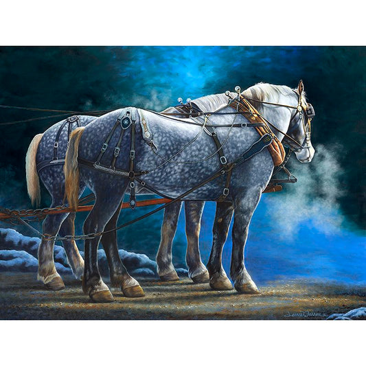 Winter Draft Horses Art Print | "Break Time" by Jeanne Warren