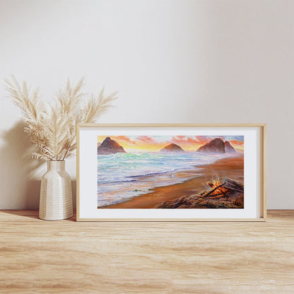 Beach Sunset and Camping Art Print - "Campfire Dreams"