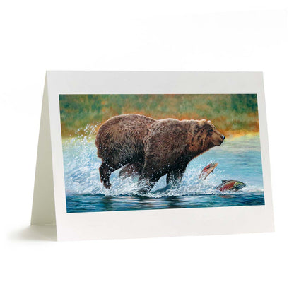 Grizzly Bear and Salmon Art Greeting Card - "Chase On"